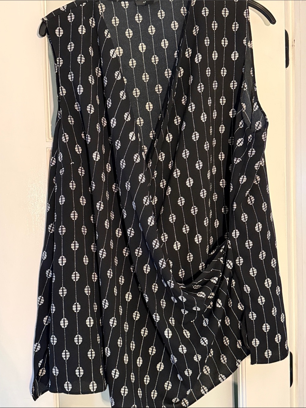 Alfani Black Sleeveless Draped Blouse with White Geo Stripe
